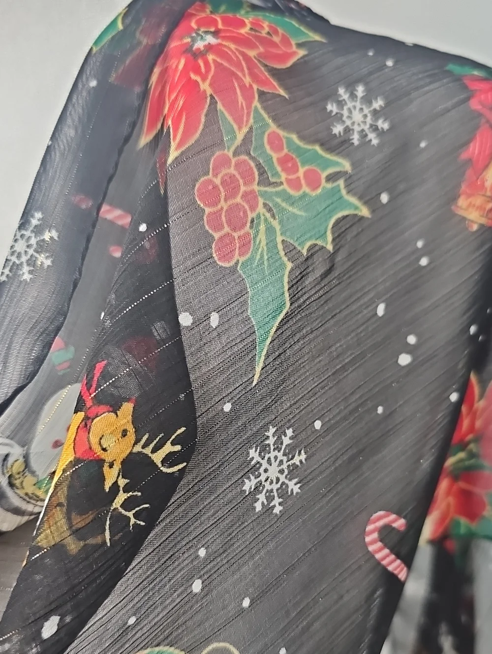 Festive Black Sheer Scarf w Red Poinsettias & Winter Holiday Icons Fun Festive